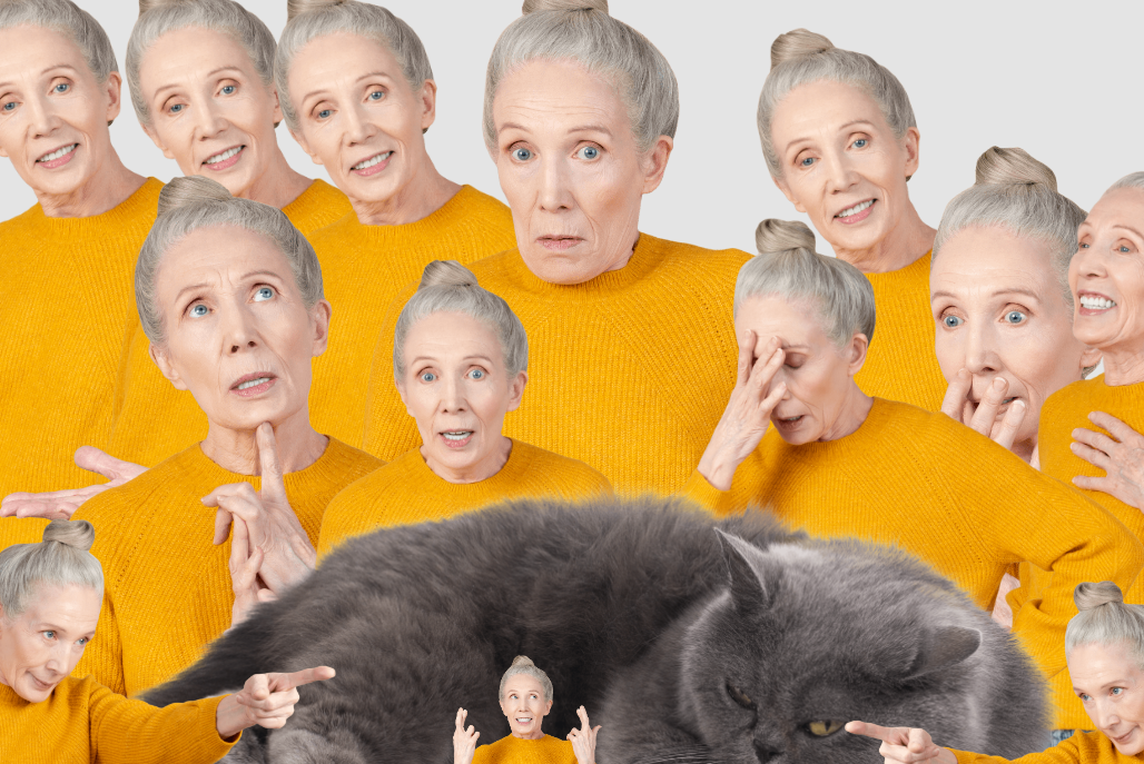 woman with different face expressions and a cat