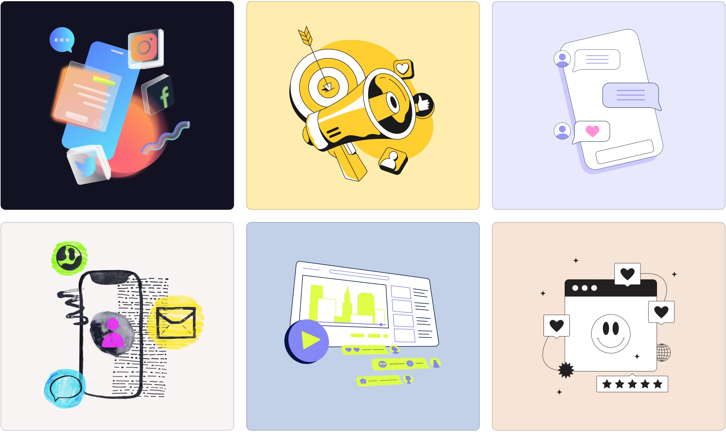 Social media complex illustrations in different styles