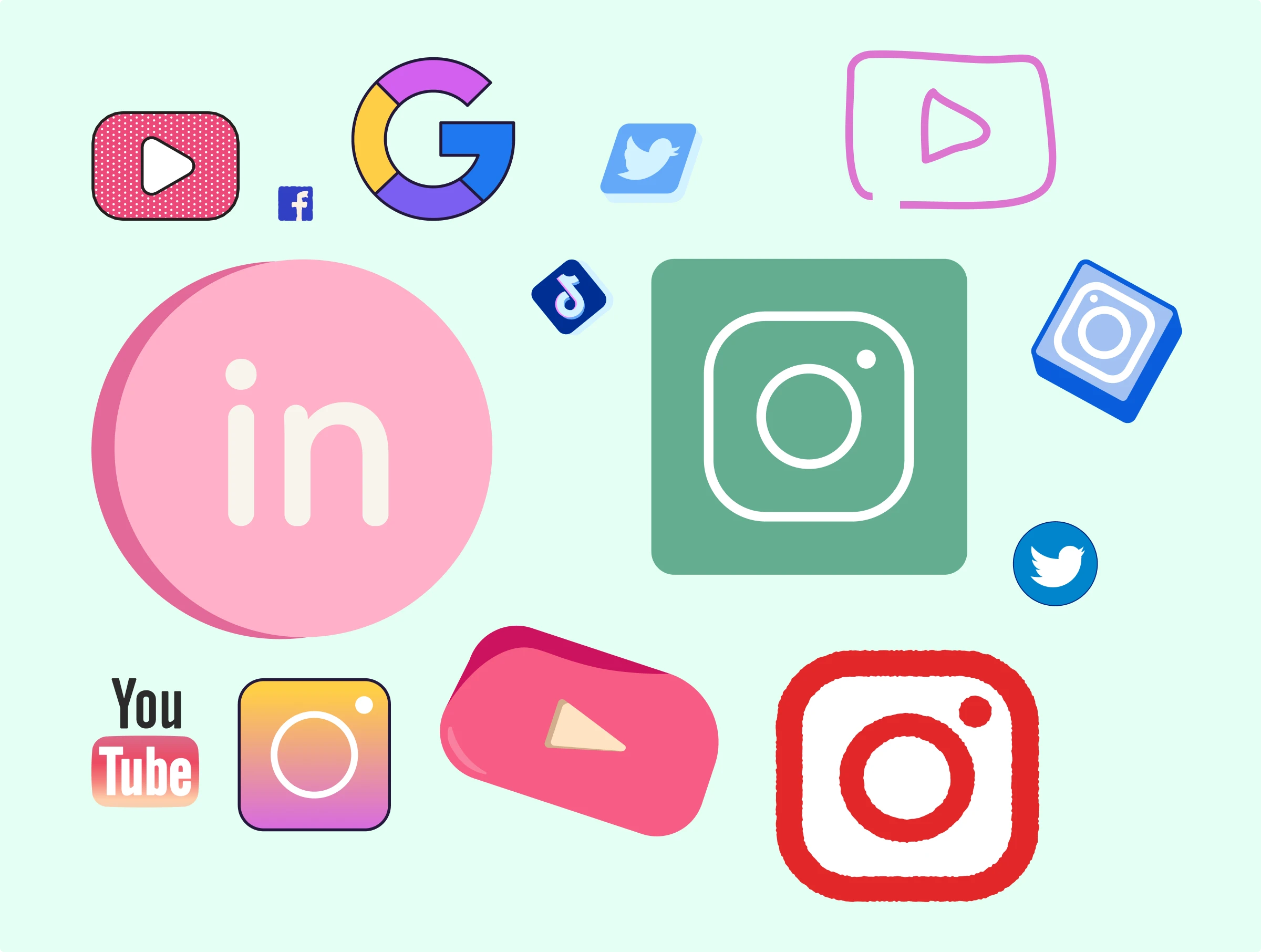 Social media logo vector illustrations in different styles