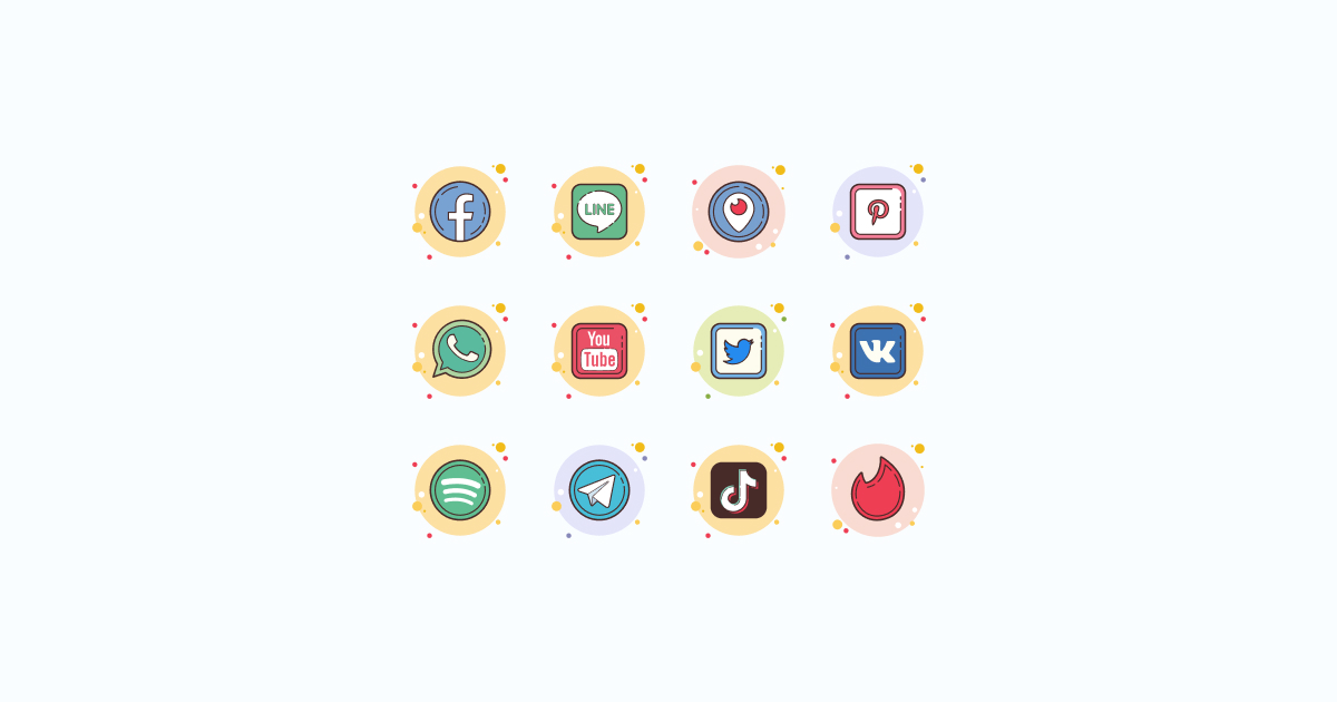 Like, Share, Repost: an ultimate bundle of eye-catching graphics for Social Media Day: icons set in  Circle Bubbles style on light blue background