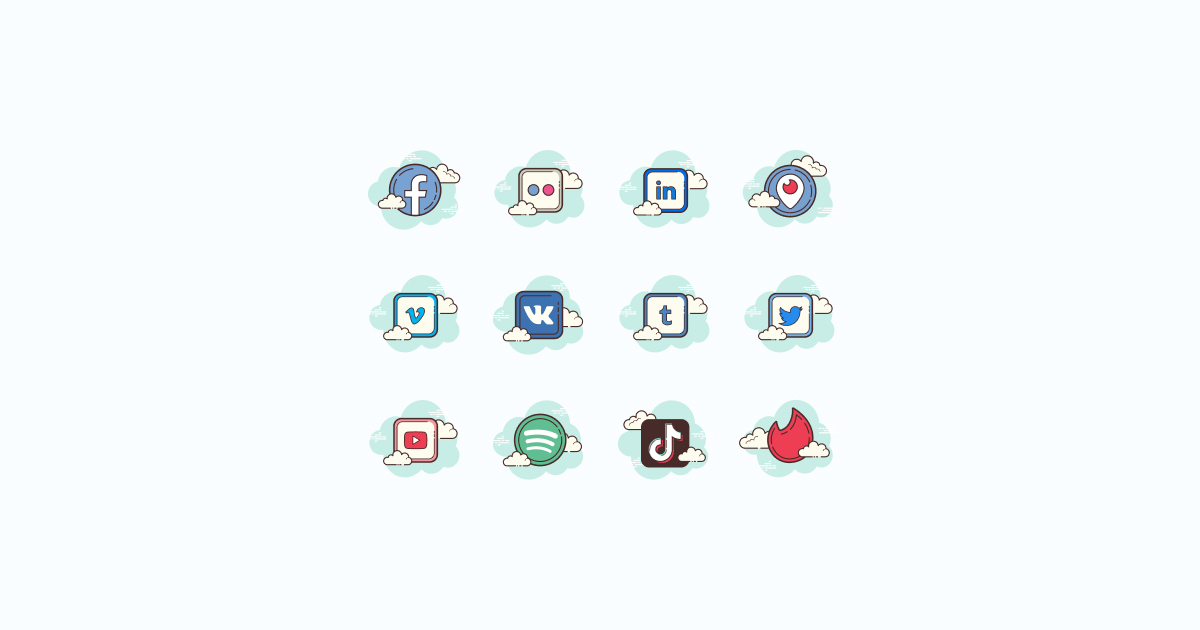 Like, Share, Repost: an ultimate bundle of eye-catching graphics for Social Media Day: icons set in Cloud style on light blue background