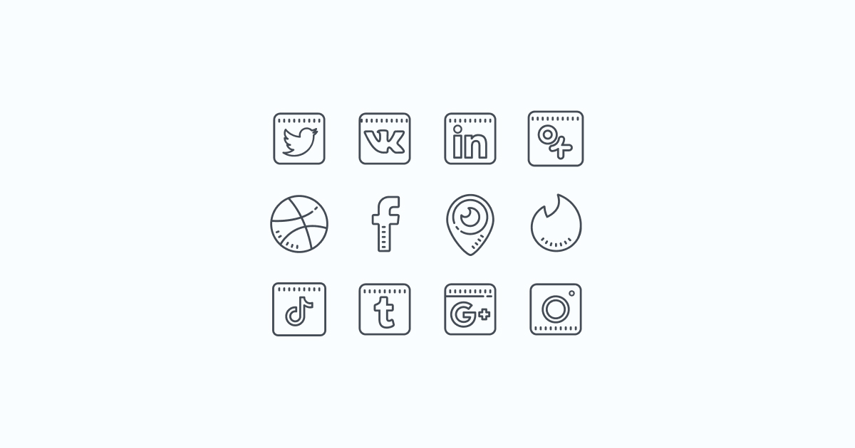 Like, Share, Repost: an ultimate bundle of eye-catching graphics for Social Media Day: icons set in Cute Outline style on light blue background