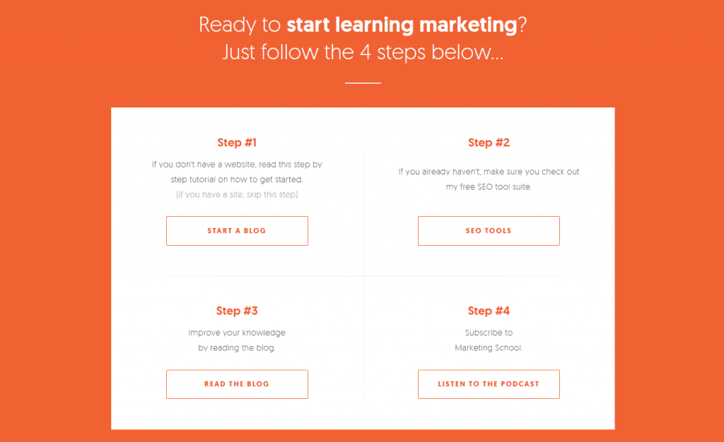  What SEO metrics a UX designer should focus on: A website that reads “ready to start learning marketing?” followed by related offers.
