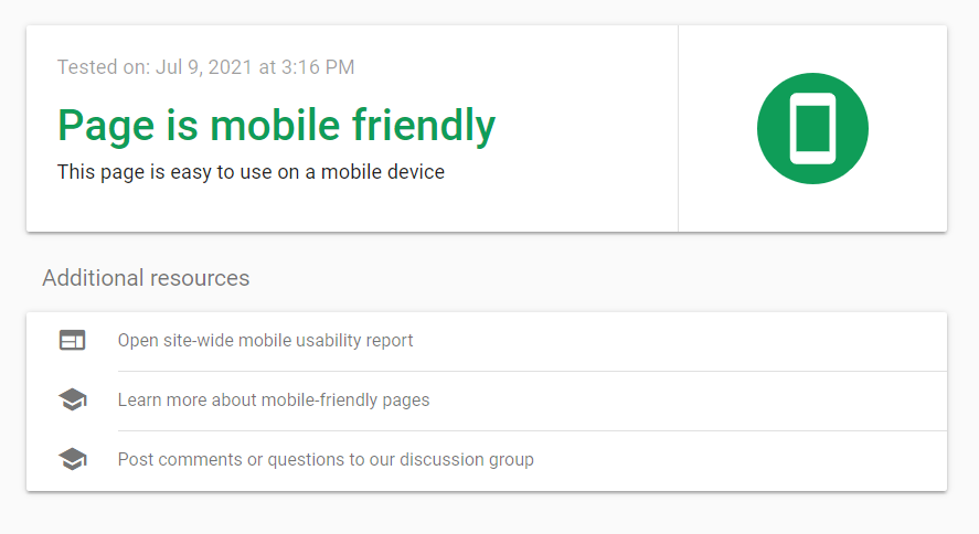 What SEO metrics a UX designer should focus on: A mobile-friendliness test that reads “page is mobile-friendly” next to a green mobile phone icon.