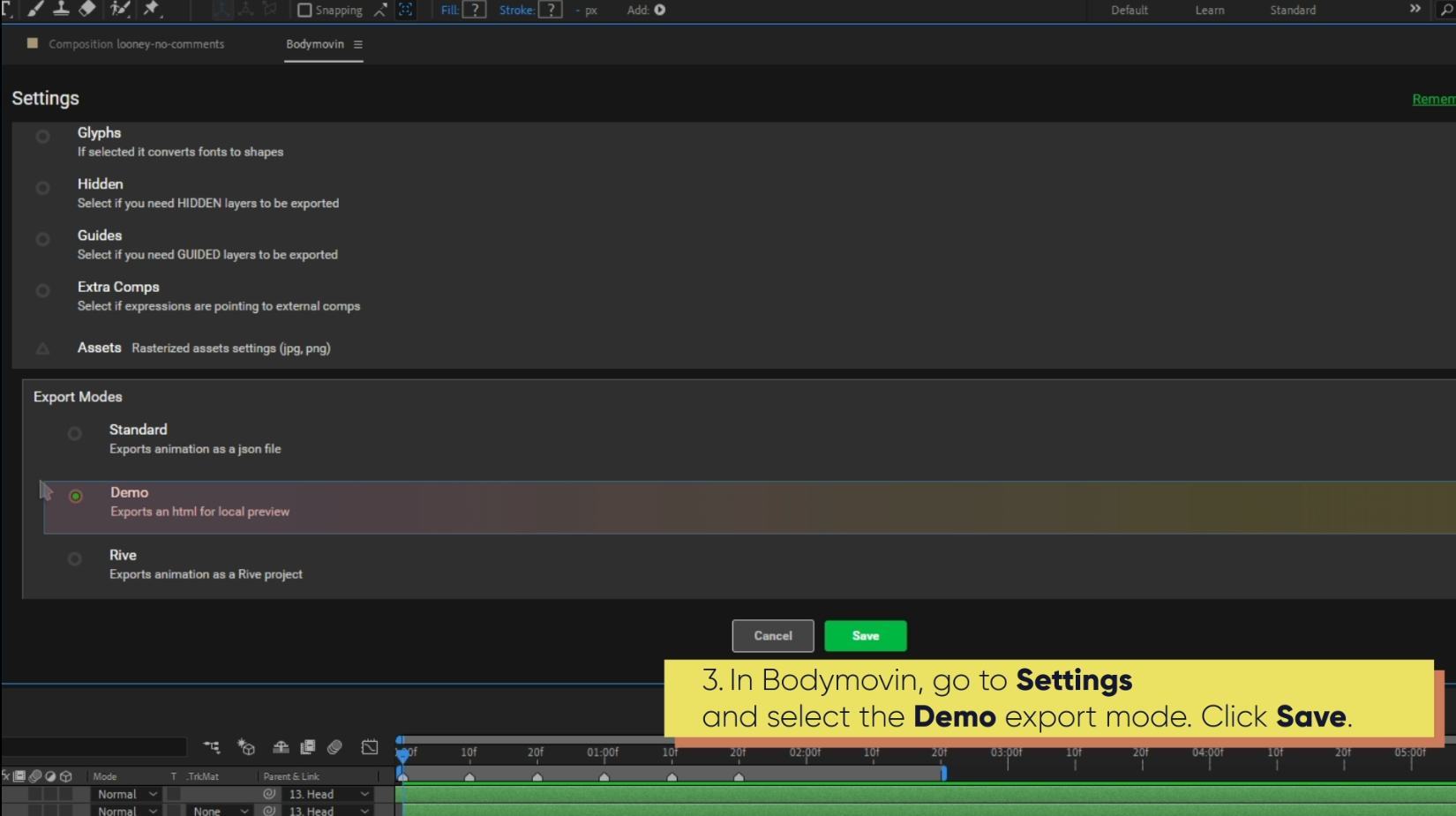 How to export an SVG illustration from After Effects: Adjust Bodymovin settings