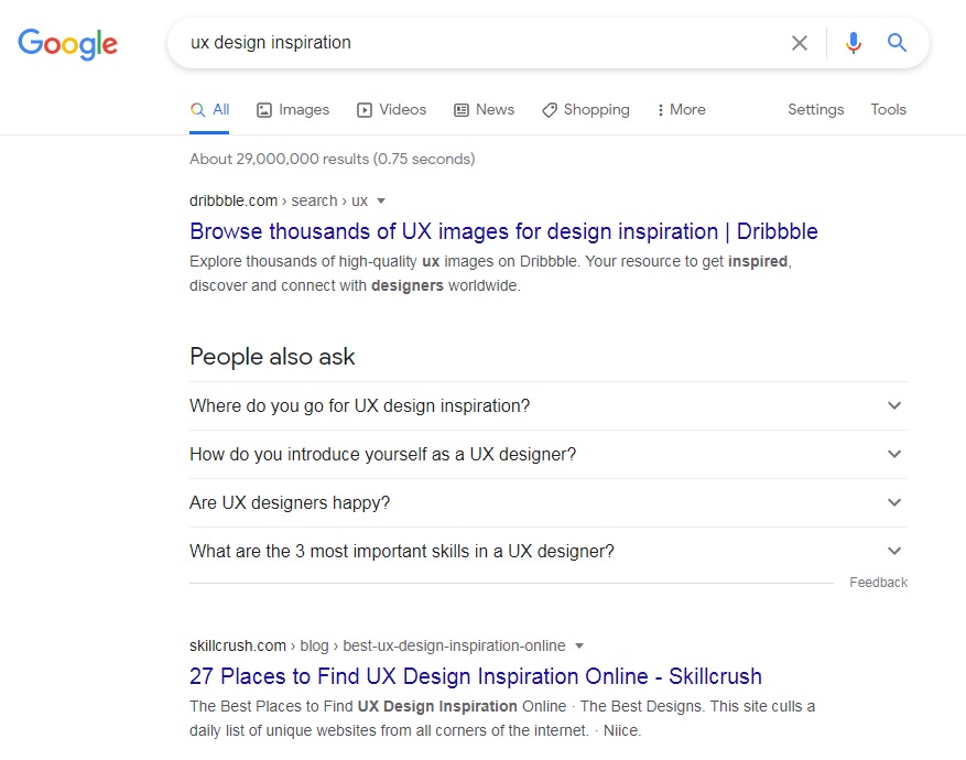 What SEO metrics a UX designer should focus on: A Google search query on “SEO tactics for internal links.”: A Google search on UX design inspiration.