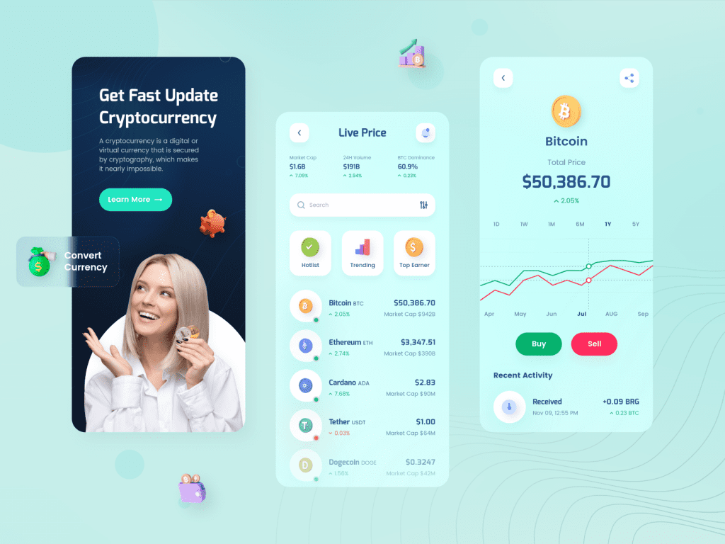 Design inspiration: UI concepts collection with Icons8 graphic elements: Cryptocurrency Mobile App Design 
