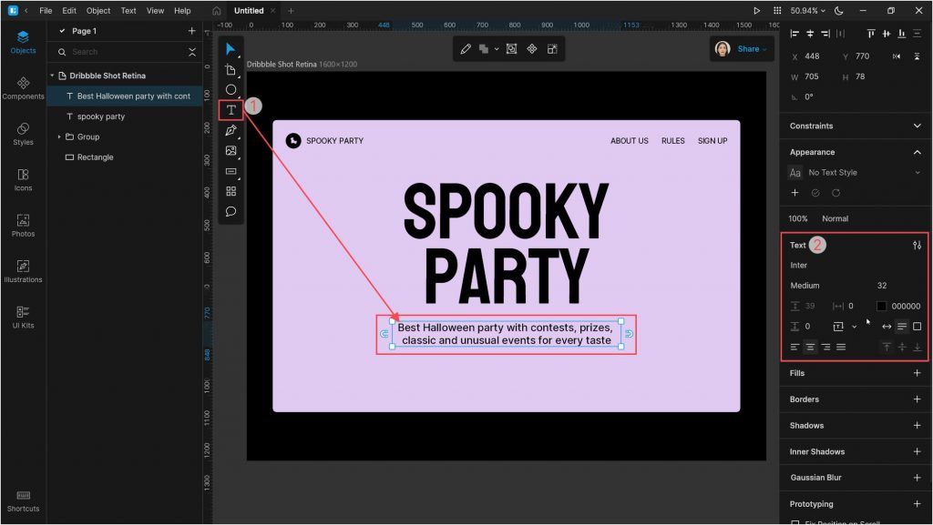 Designing a Halloween landing page with 3D illustrations: Add another text block below: Inter Medium, 32px, align center.