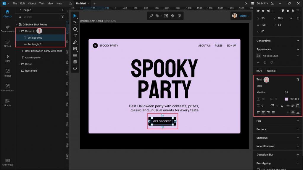 Designing a Halloween landing page with 3D illustrations: Then create a button using a rectangle and a text block. Set the rectangle color to #000000 and the corner radius to 8px. Set the text color to #E0CAF1 and the size to 24px.