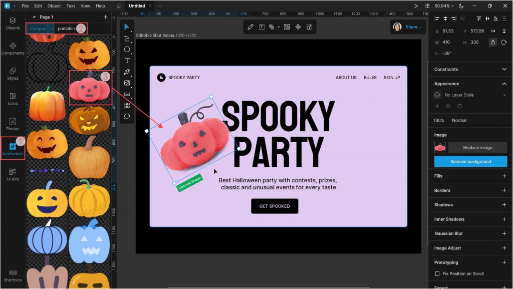 Designing a Halloween landing page with 3D illustrations: Now we need to add some creepy illustrations. Open the Illustrations tab and select the Component type in the search bar. Then type pumpkin in the search field. Drop the pumpkin illustration onto the canvas as shown below.
