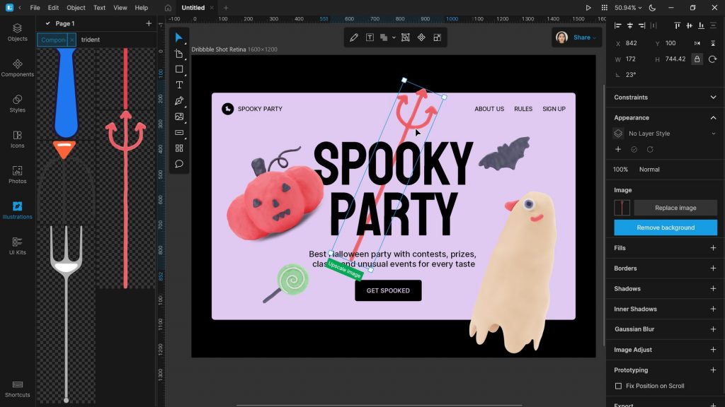 Designing a Halloween landing page with 3D illustrations: In a similar fashion, add candy, bat, Casper, and trident. Just look how cute they are!