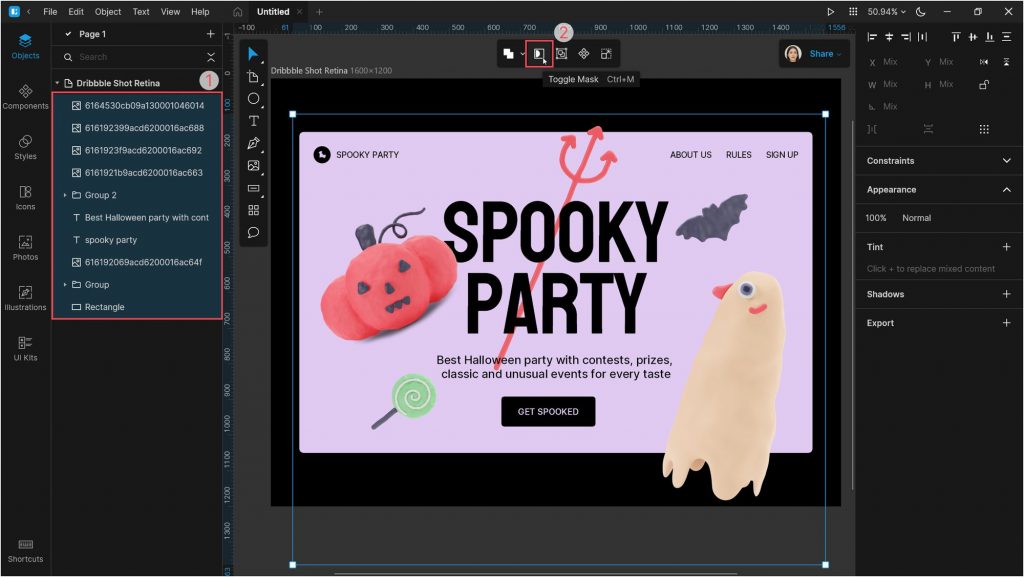 Designing a Halloween landing page with 3D illustrations: And the last step. Select all objects and click Toggle mask. Now all the objects are within the boundaries of the rectangle.