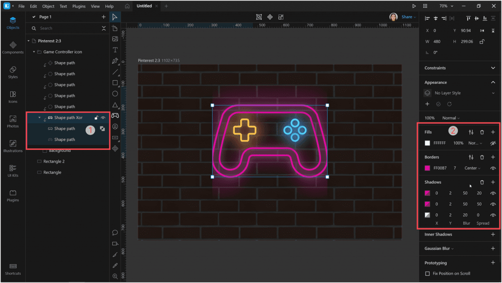 How to create a neon effect in Lunacy: Select the shape that we’ve created using the Difference operation