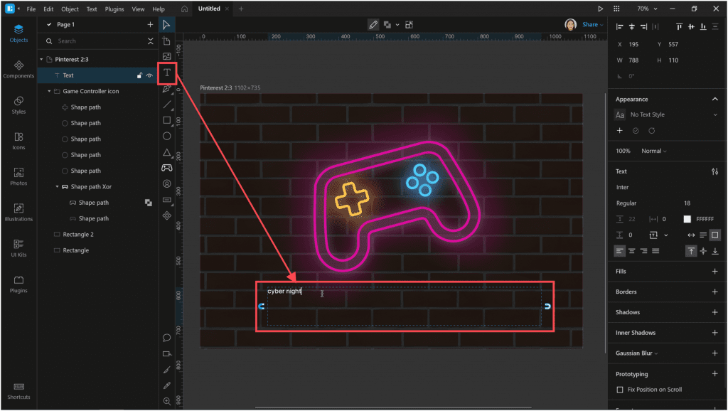 How to create a neon effect in Lunacy: Now let’s add some text under the icon.