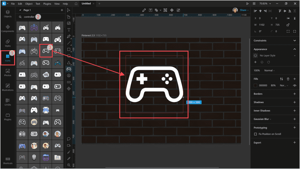 How to create a neon effect in Lunacy: open the Icons tab and select the icon to which you will add the neon effect