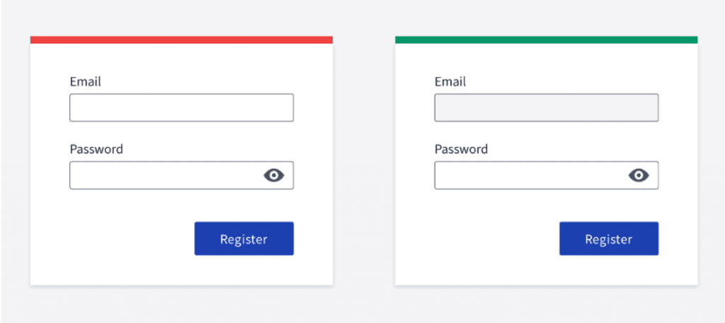 Совет по пользовательскому интерфейсу №2.  Скриншот двух форм регистрации.  Вторая форма имеет автофокусировку первого ввода.