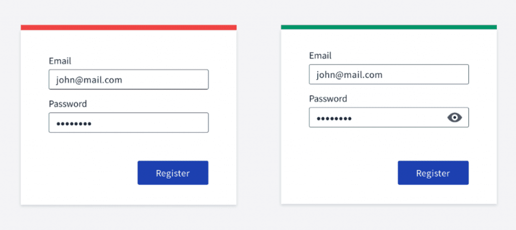 Совет по пользовательскому интерфейсу №3.  Скриншот двух форм регистрации.  Вторая форма имеет значок глаза, чтобы раскрыть пароль.