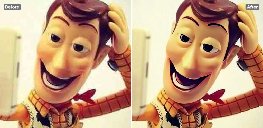 Image of a Toy Story cartoon character before and after upscaling