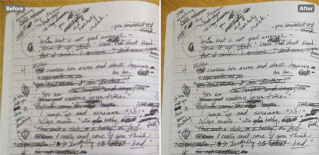 Photo of a lecture in handwriting before and after upscaling