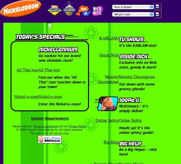 A view of Nickelodeon website from early 2000s