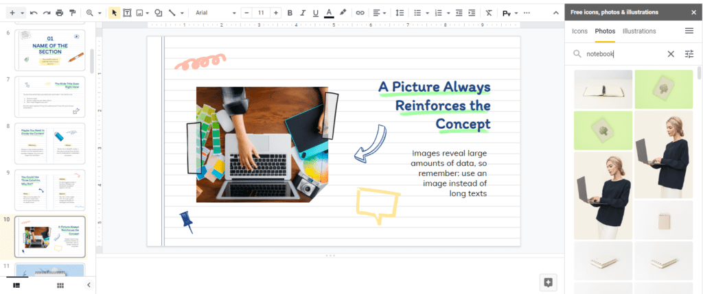Screenshot of Google slides with Icons8 Google add-on