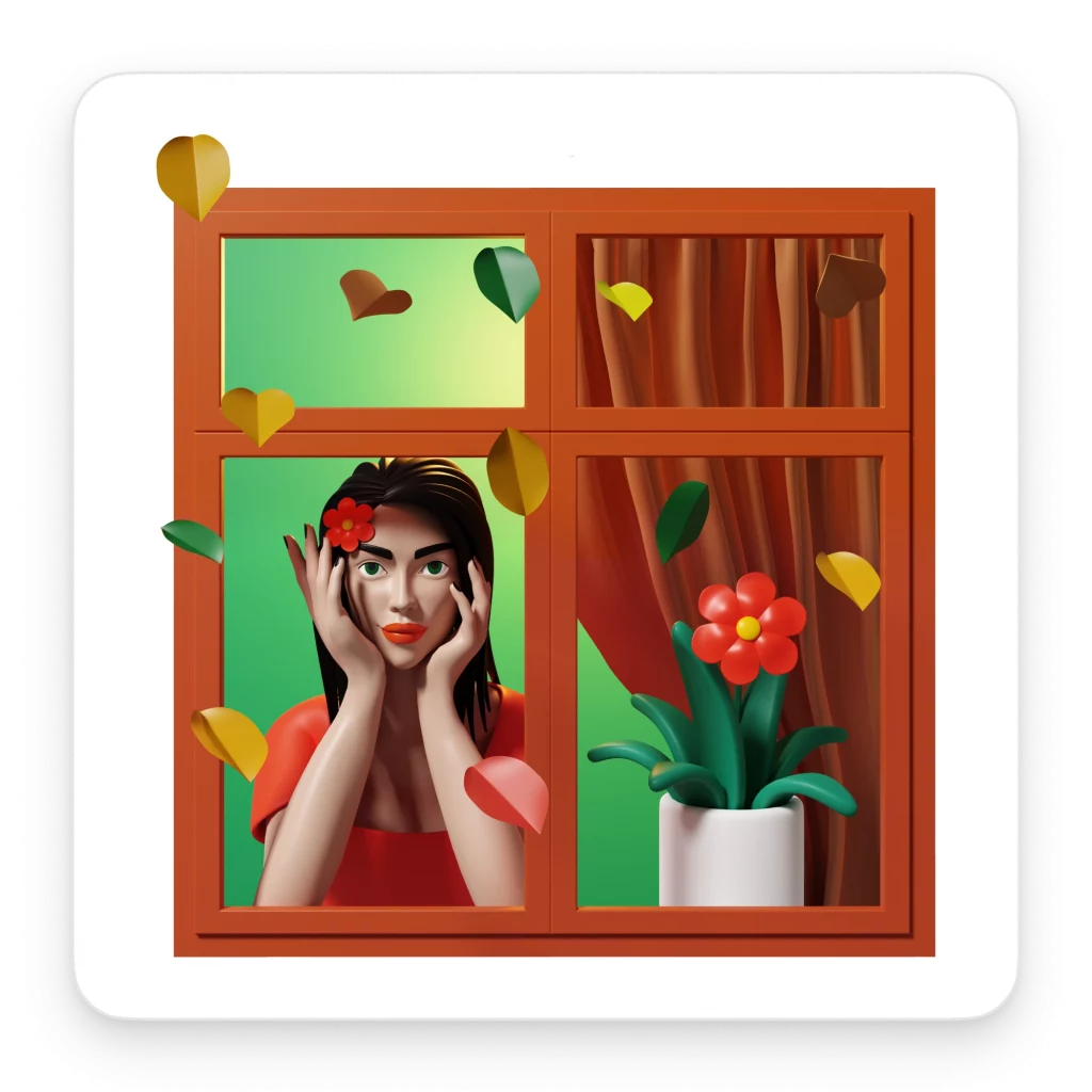 3d_woman_with_plant_in_window_looking_at_falling_leaves