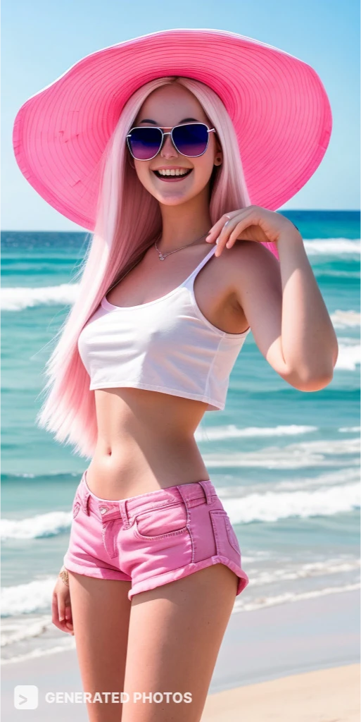 slim girl on a beach in a pink outfit