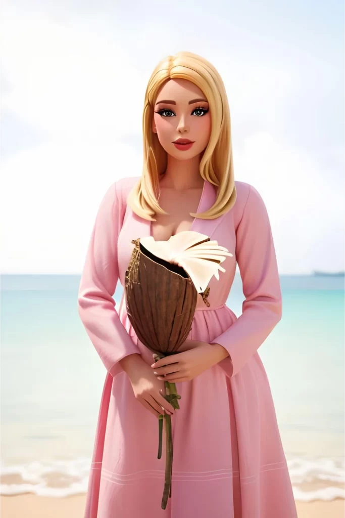 3d render of a blond woman in a pink dress