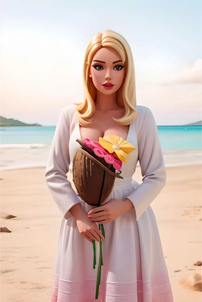 3d blond woman on a beach with a coconut