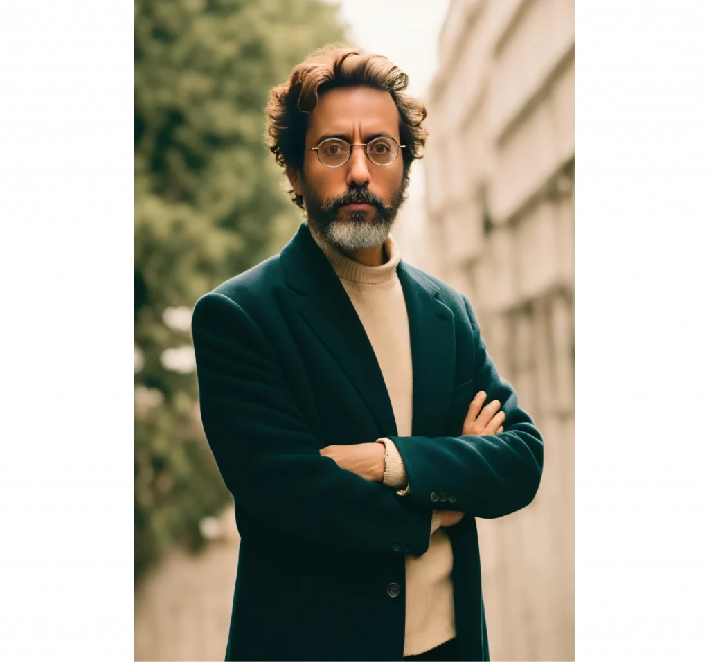 ai generated portrait of a man with glasses on in a sweater and a green suit jacket