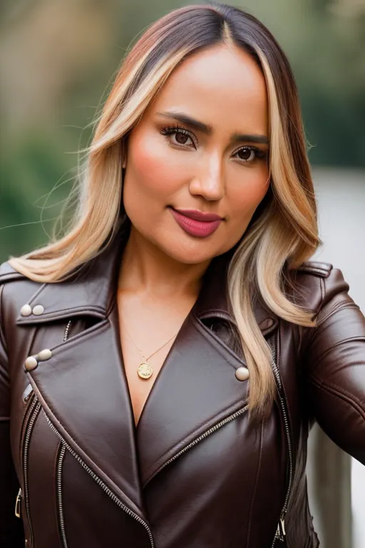 blond woman in a brown leather jacket