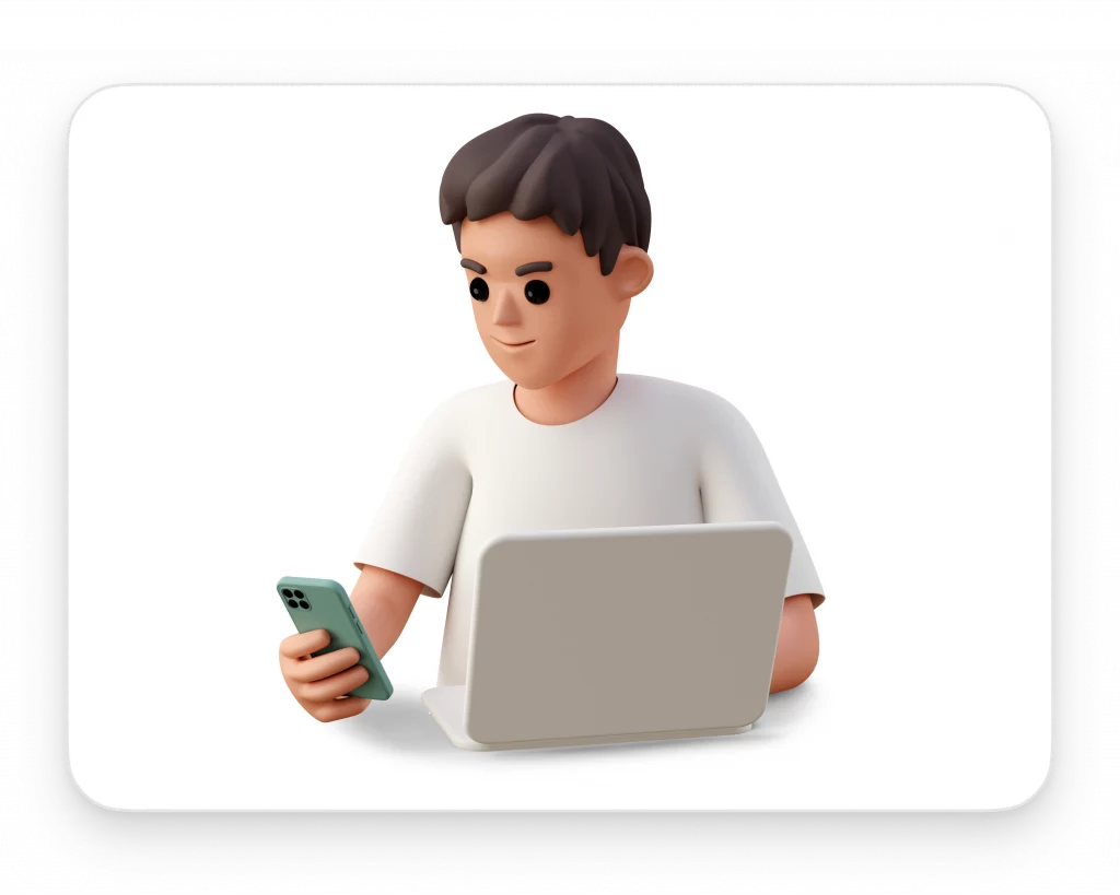3D boy using laptop and phone
