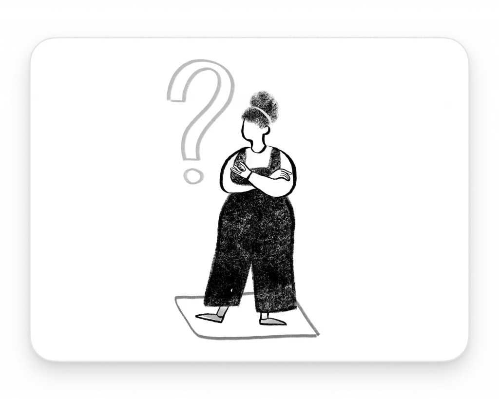Black and white curvy woman standing near question mark
