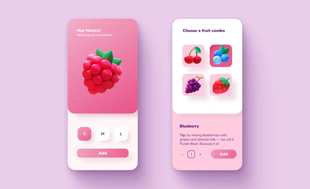 smoothie app mockups with 3d illustratuions
