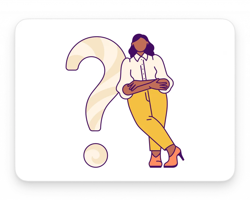 Woman leaning on a question mark

