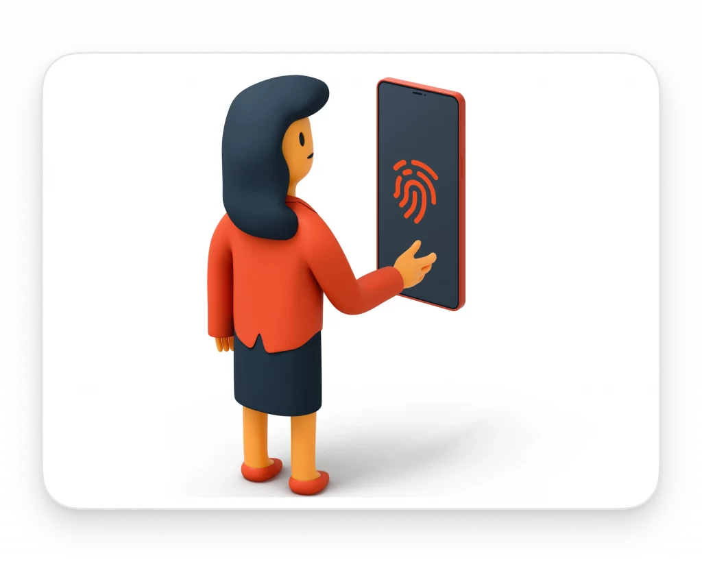 3D Business woman using a phone with fingerprint scanner
