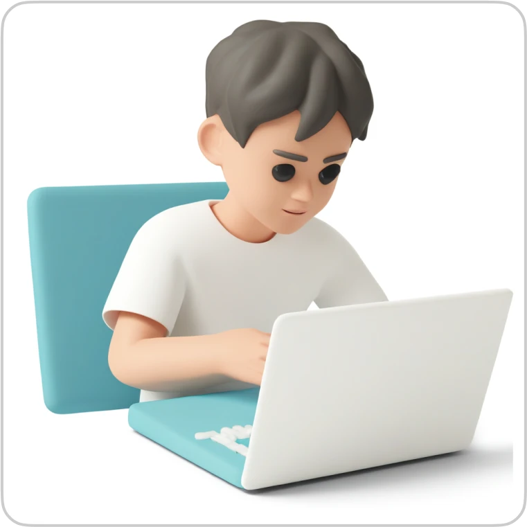 Boy working on laptop on plain background 3D Casual