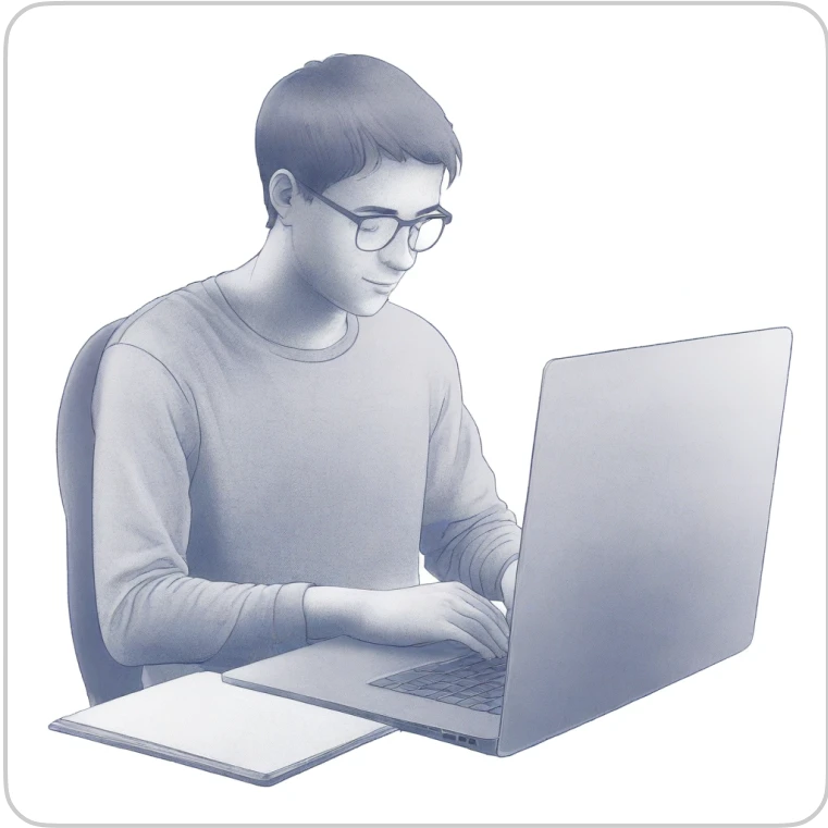 Boy working on laptop on plain background