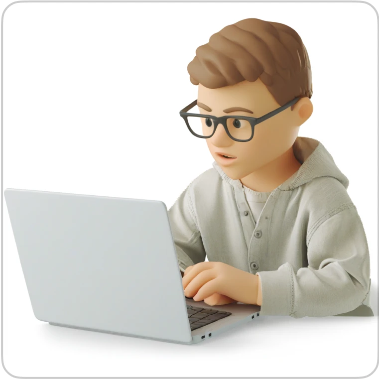 Boy working on laptop on plain background 3D Business
