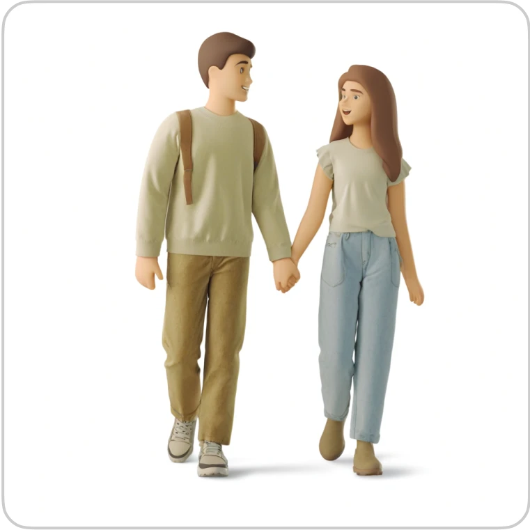 Guy and girl walking on plain background