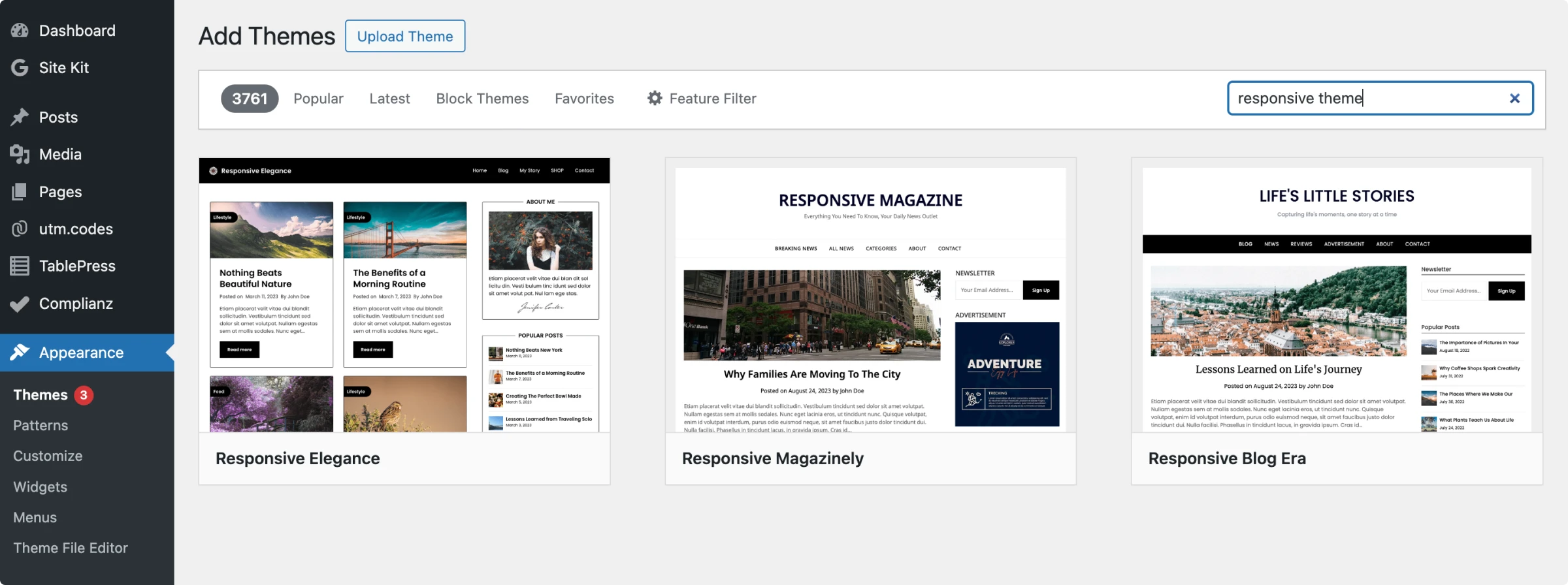 WordPress themes library view