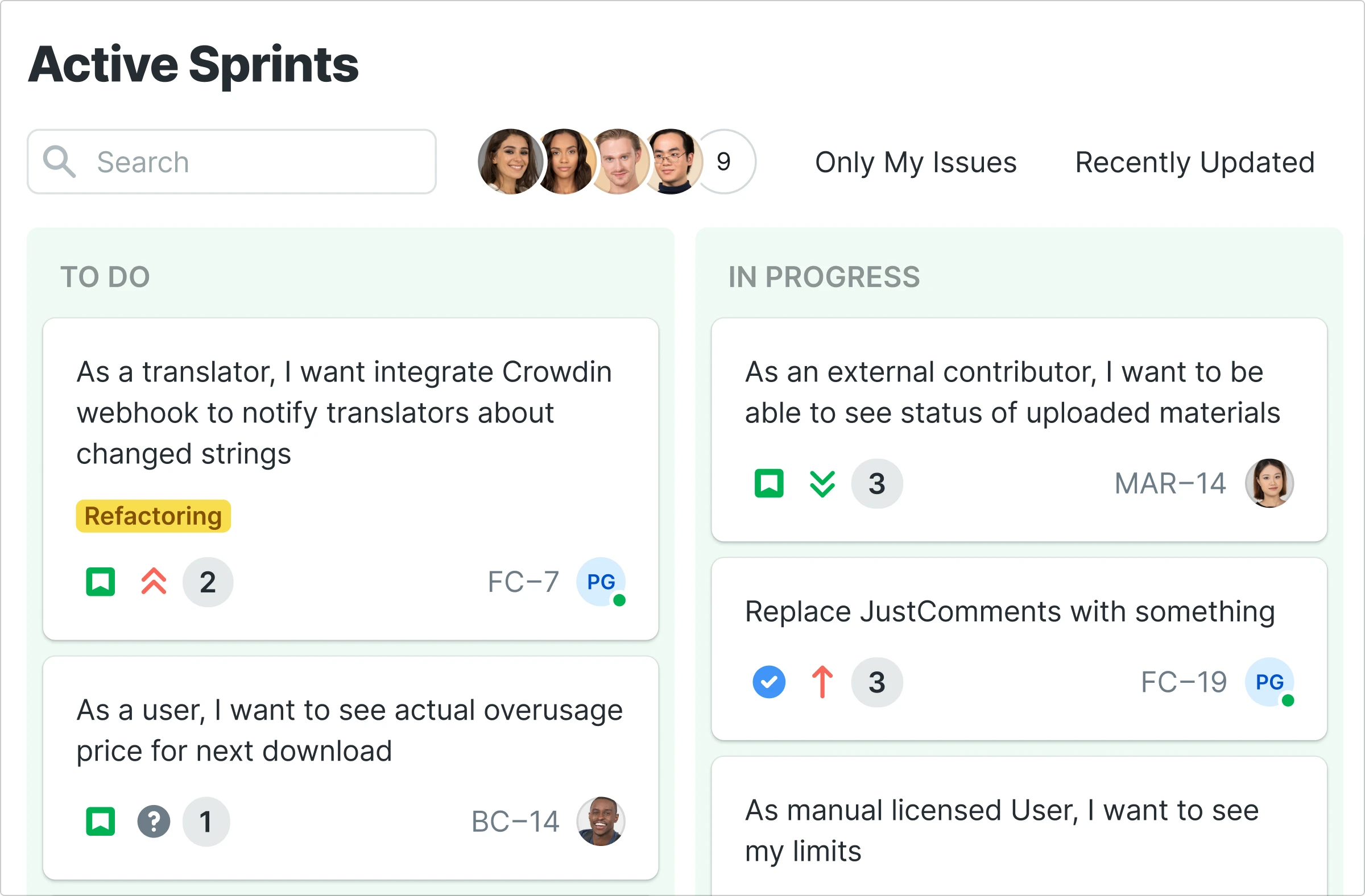 Generated faces profile pictures in the Kanban UI concept