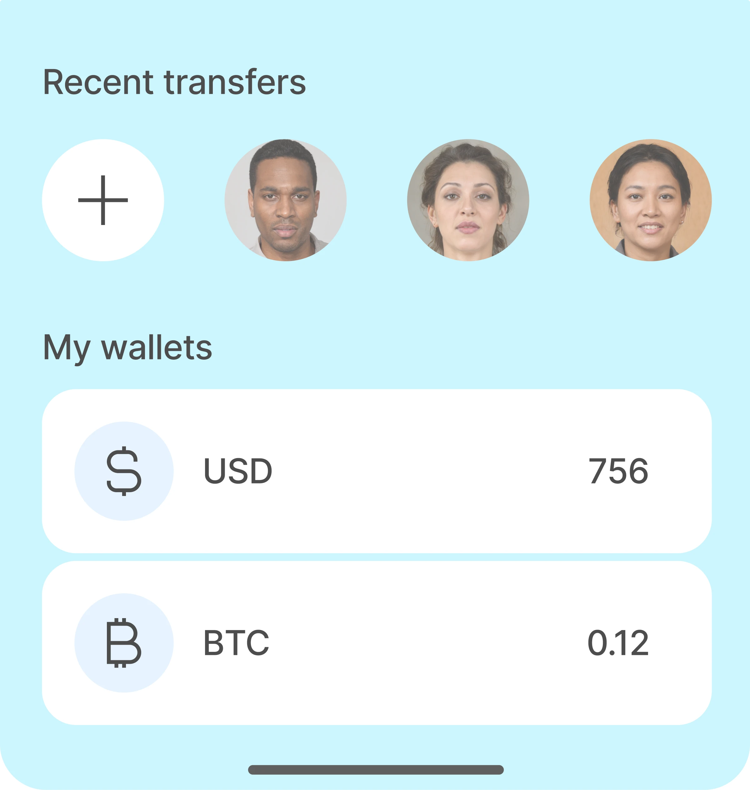 Generated faces profile pictures in the Wallet App UI concept