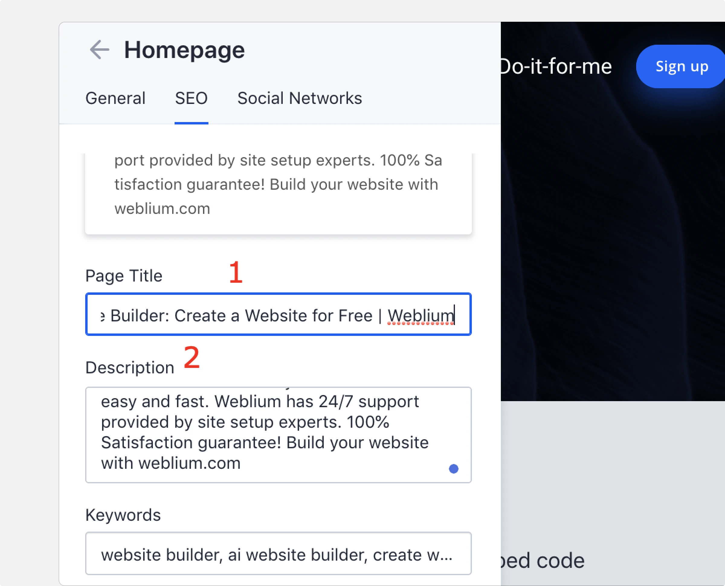 Meta title, descriptions and keywords filling in the SEO panel