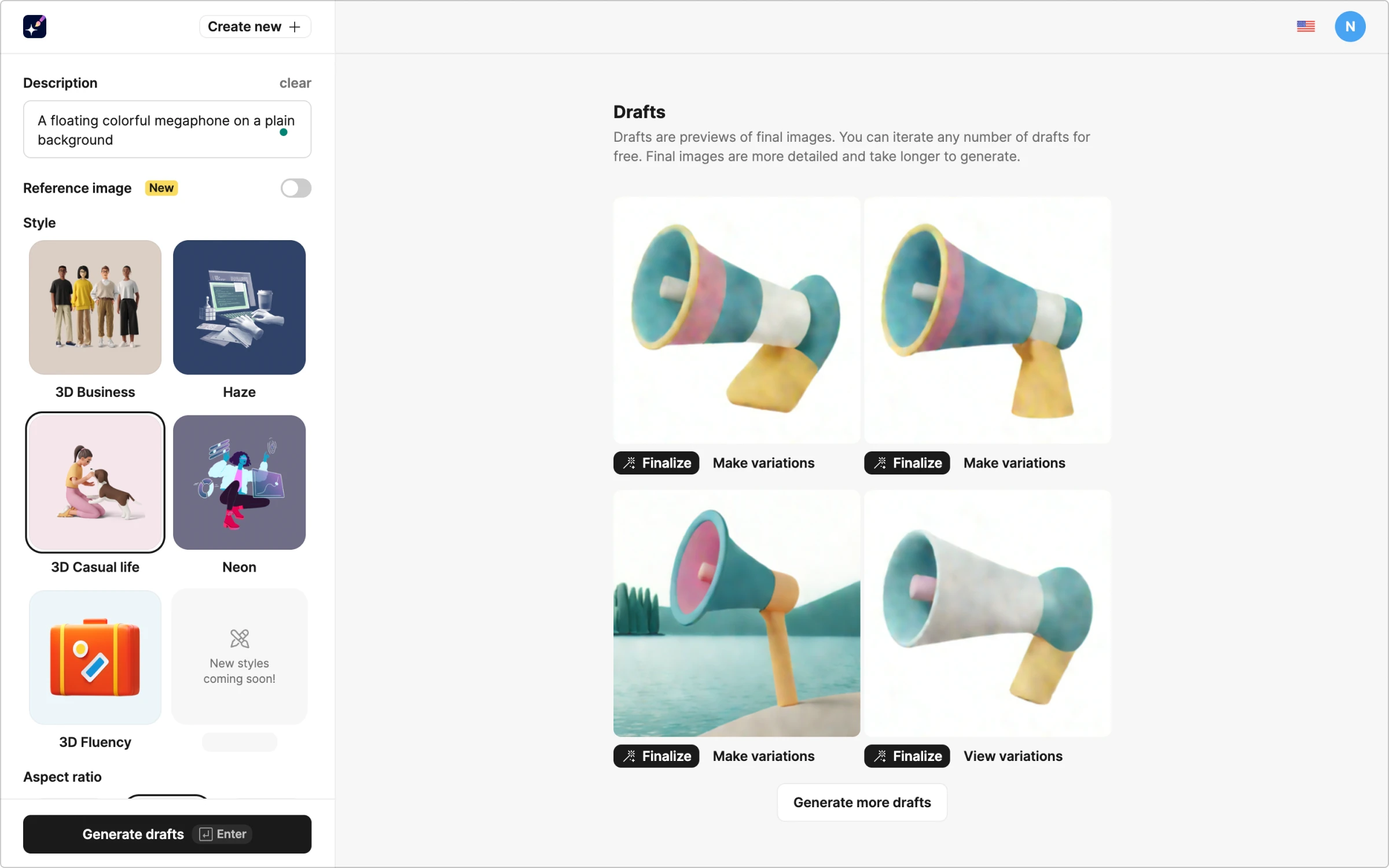 AI-generated drafts of a floating colorful megaphone on a plain background illustration