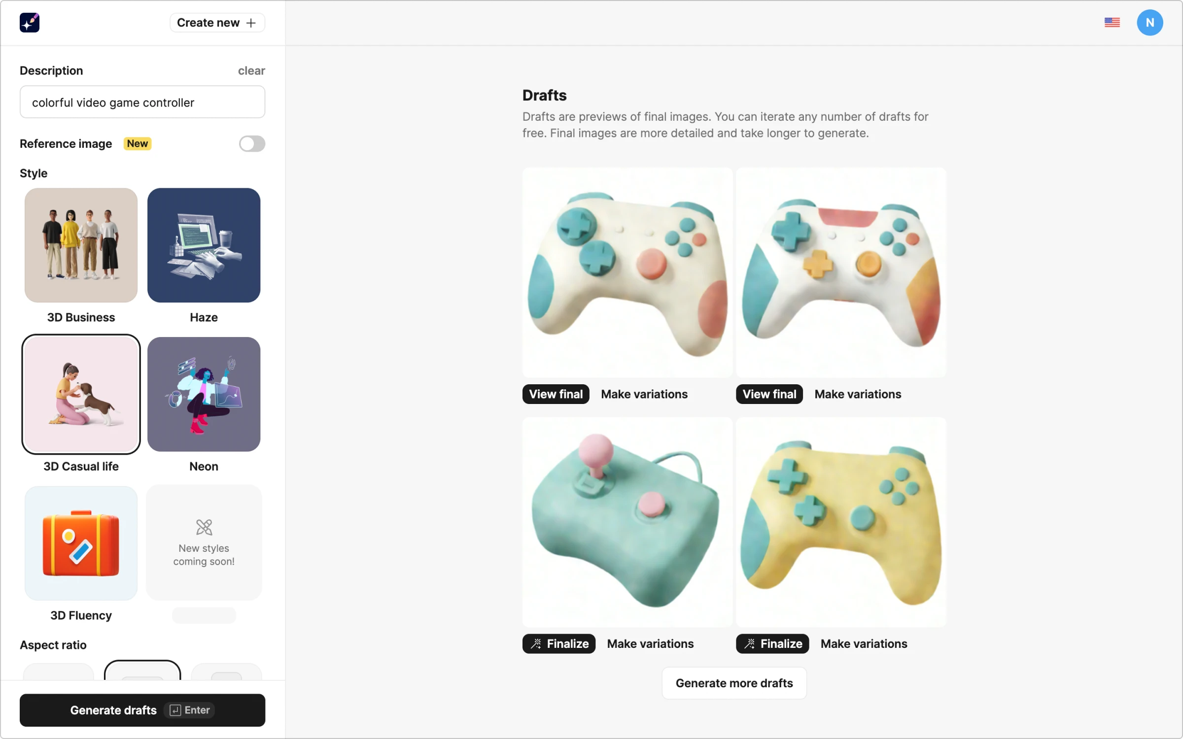 AI-generated drafts of colorful video game controller illustration