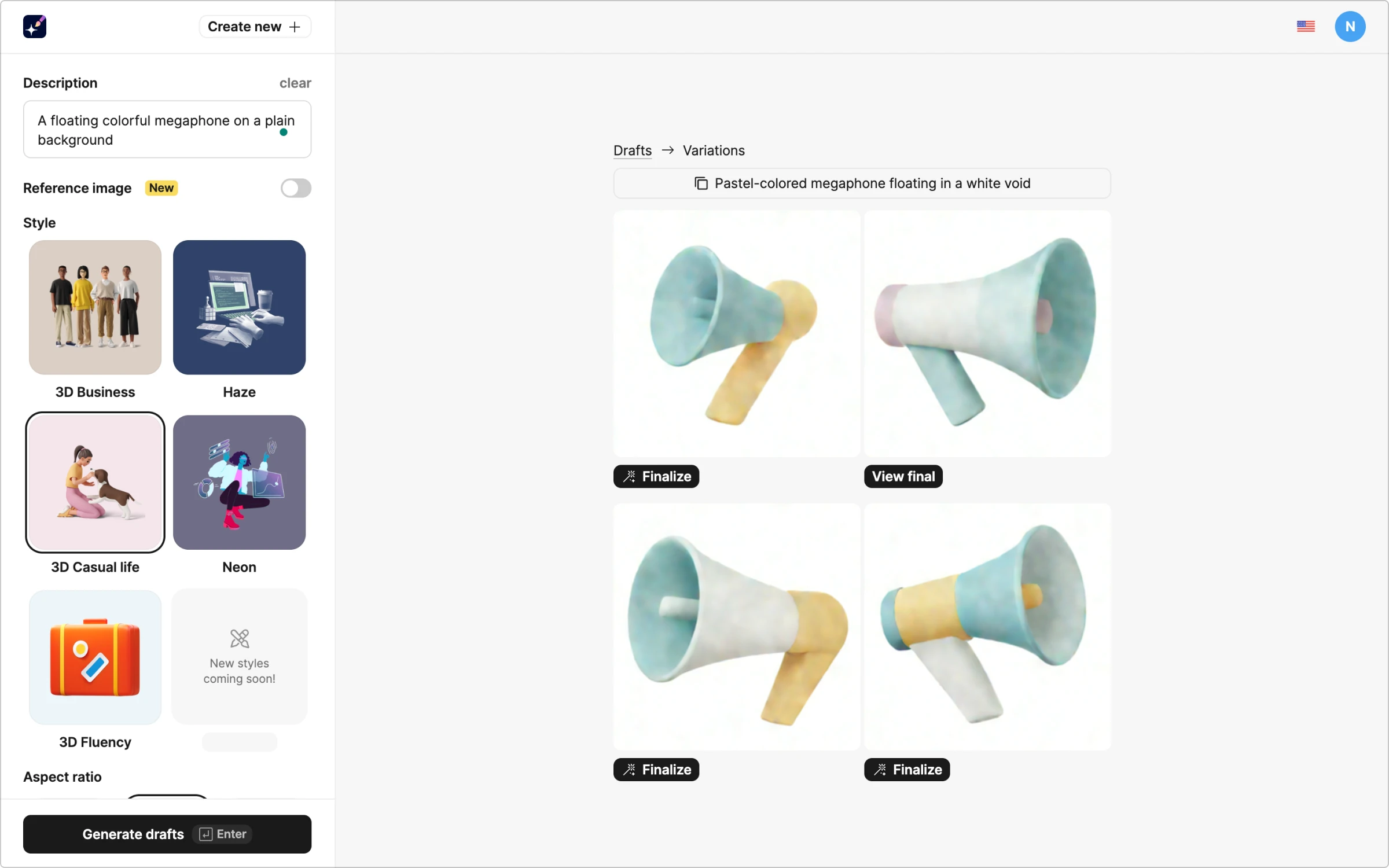 AI-generated drafts of pastel-colored megaphone floating in a white void illustration