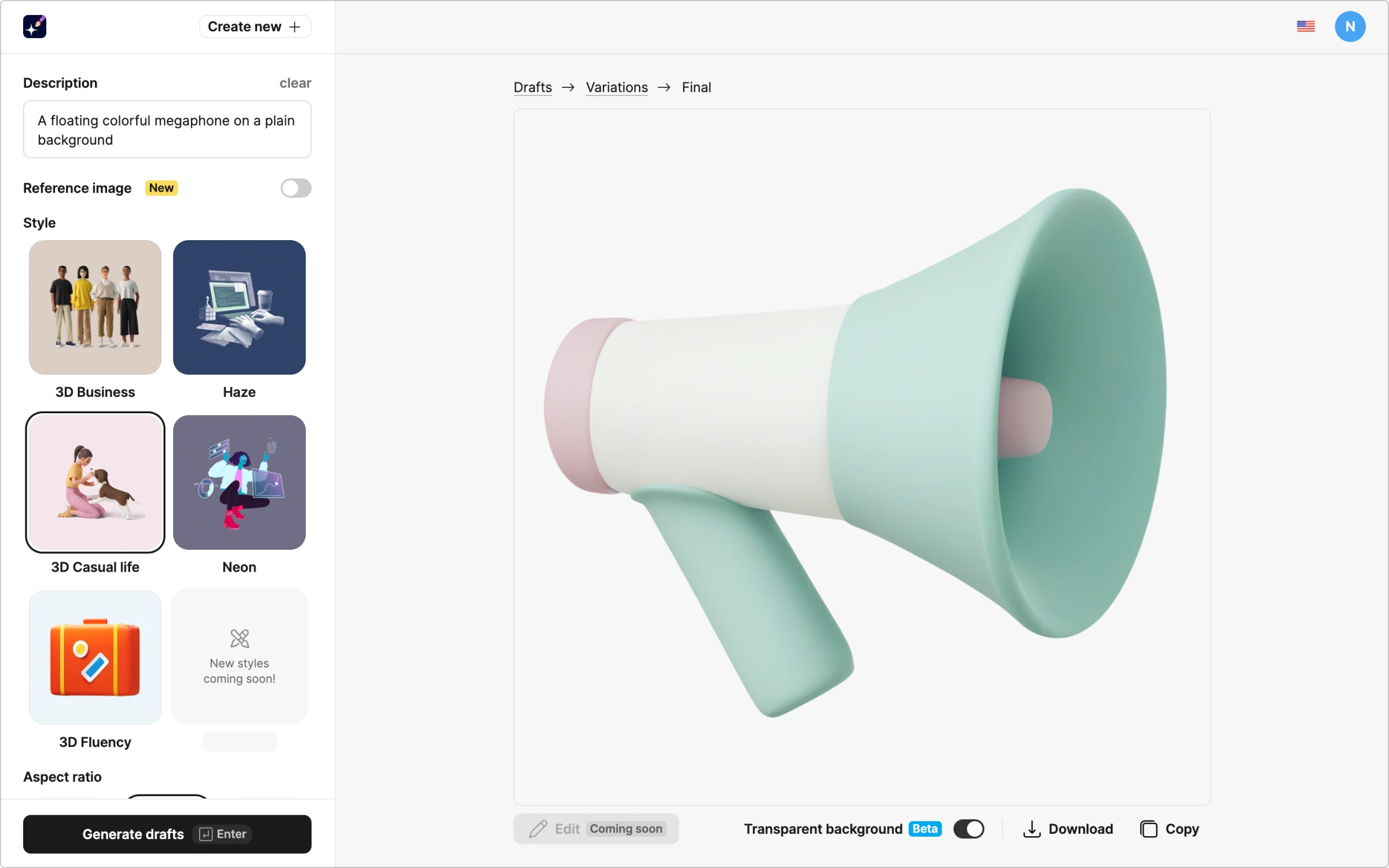 AI-generated result of a floating colorful megaphone on a plain background illustration