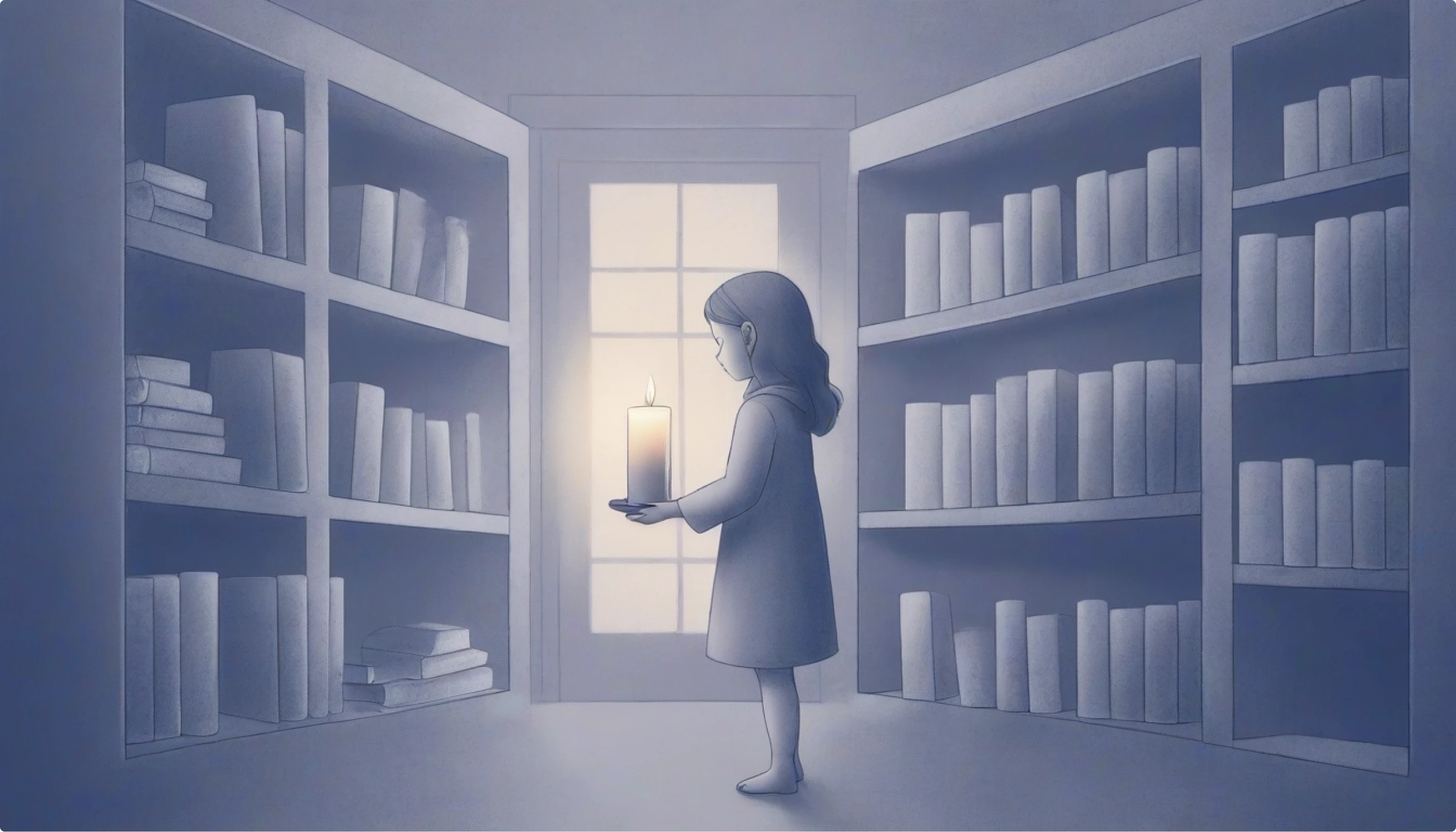 a girl in a library children's book illustration