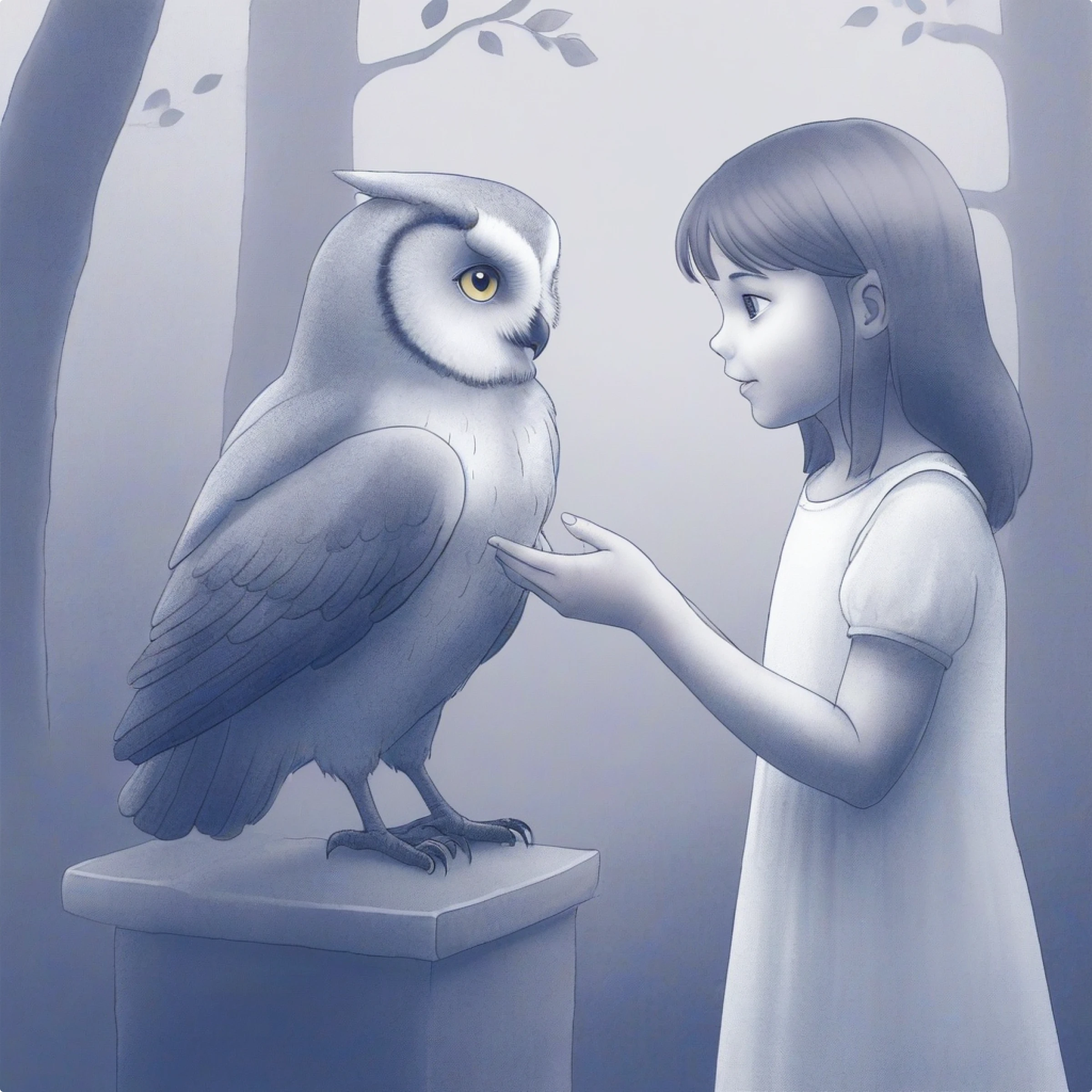 ella with owl children's book illustration